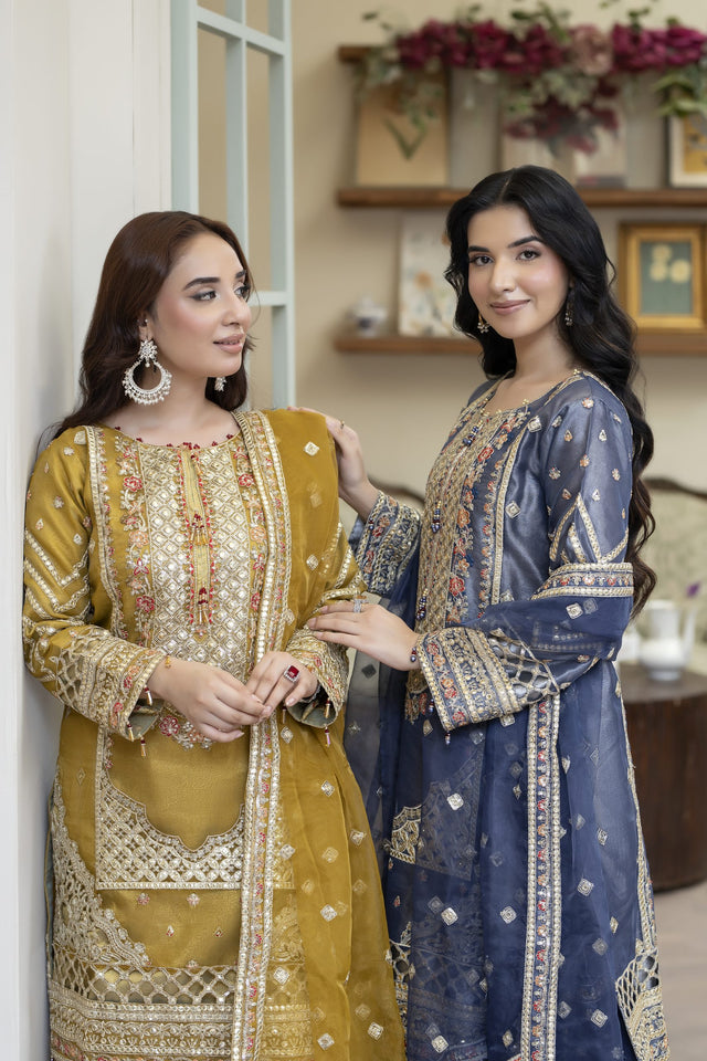 4YOU- 9076 Mustard Yellow & Deep Navy Blue Organza 3-Piece Suit