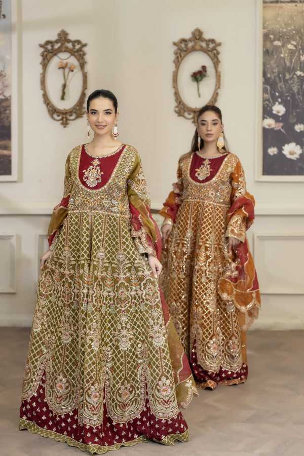 4YOU-9078 Olive Green & Maroon Organza Front-Open Maxi 3-Piece Set