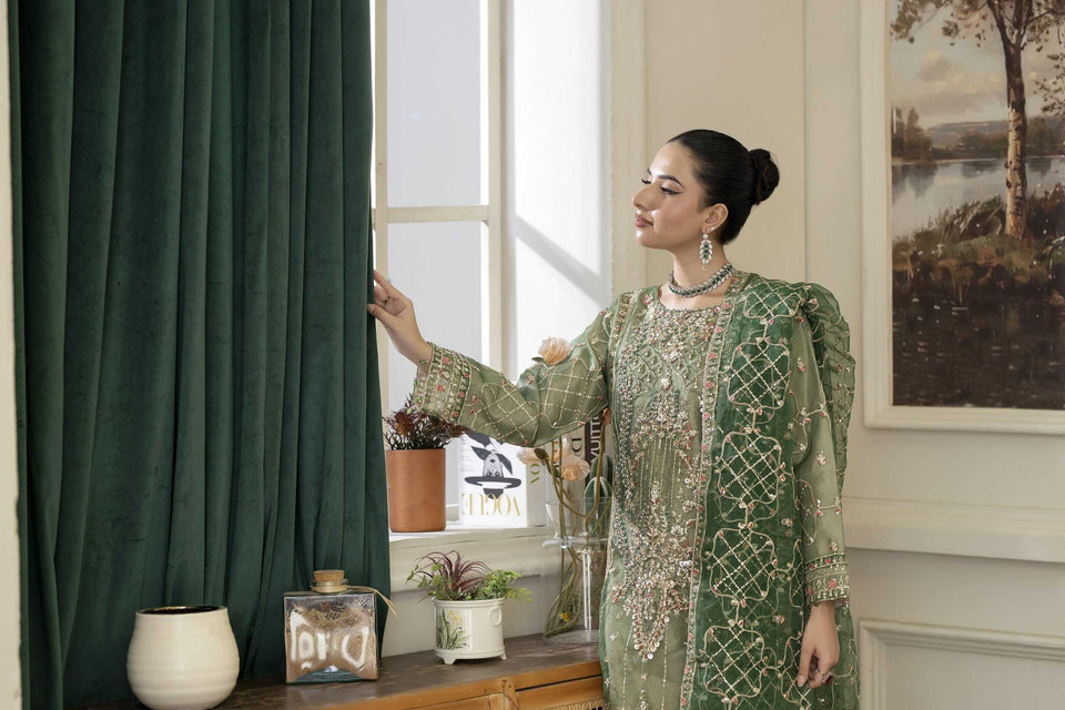 4YOU-9073  Light Grey & Sage Green Organza 3-Piece Suit