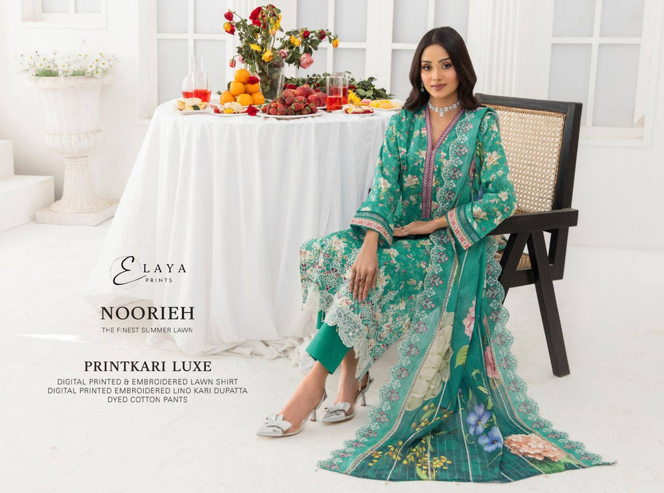 Digital Printed Embroidered Lawn Noorieh by Elaya 3 Piece