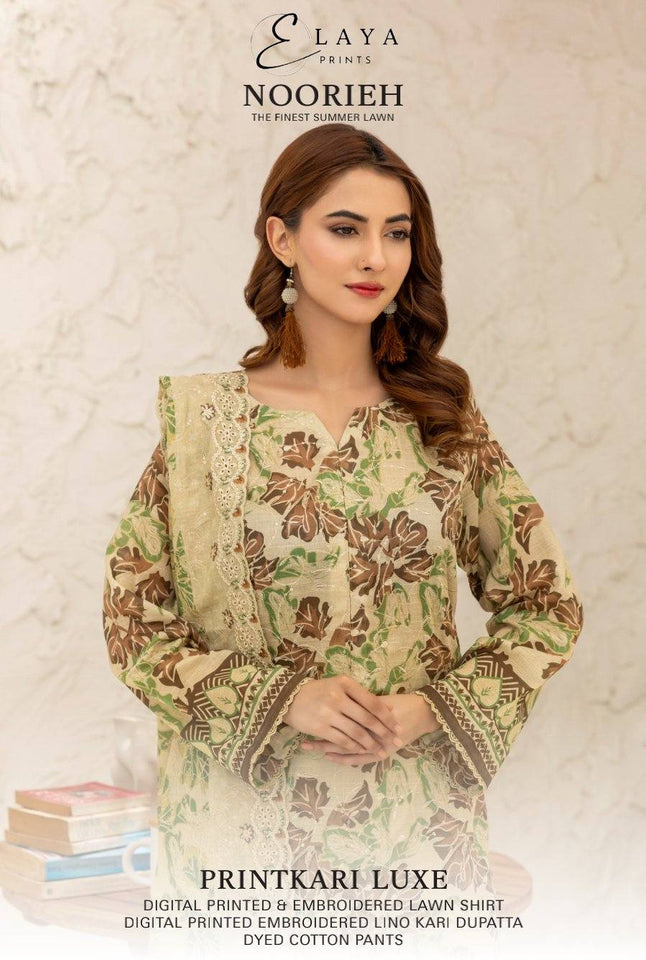 Digital Printed Embroidered Lawn Noorieh by Elaya 3 Piece