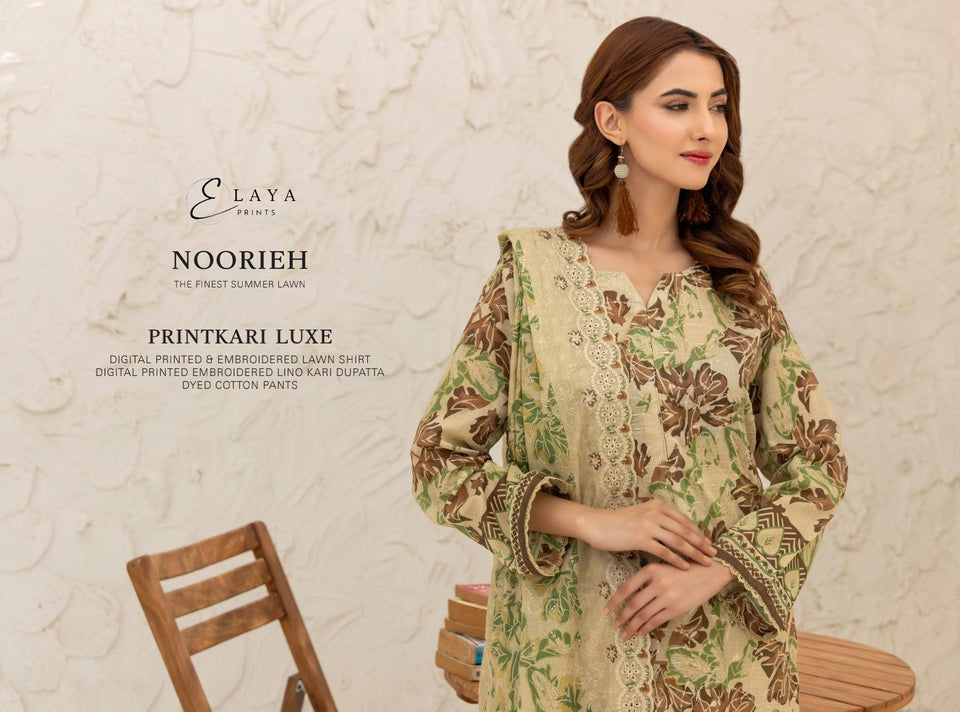 Digital Printed Embroidered Lawn Noorieh by Elaya 3 Piece