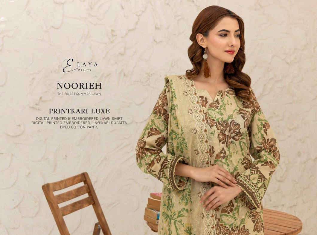 Digital Printed Embroidered Lawn Noorieh by Elaya 3 Piece