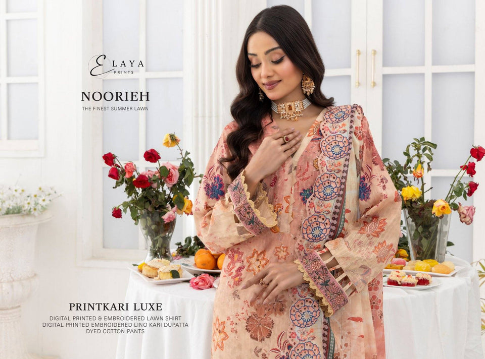 Digital Printed Embroidered Lawn Noorieh by Elaya 3 Piece