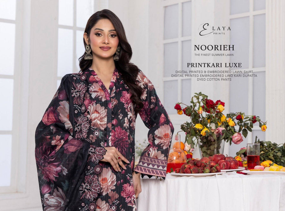 Digital Printed Embroidered Lawn Noorieh by Elaya 3 Piece