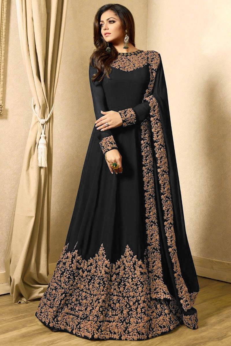 Indian Embroidered Black Chiffon Maxi Unstitched