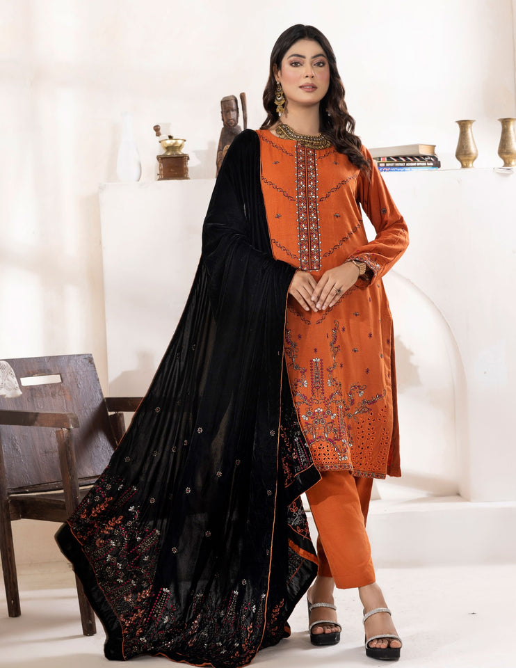 Bareeze Dyed Slub Embroidered Ensemble with Velvet Shawl