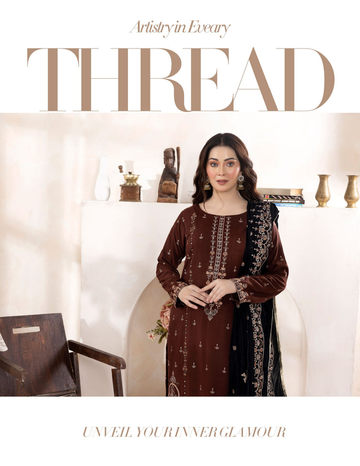 Bareeze Dyed Slub Embroidered Ensemble with Velvet Shawl