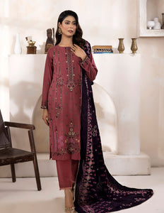 Bareeze Dyed Slub Embroidered Ensemble with Velvet Shawl