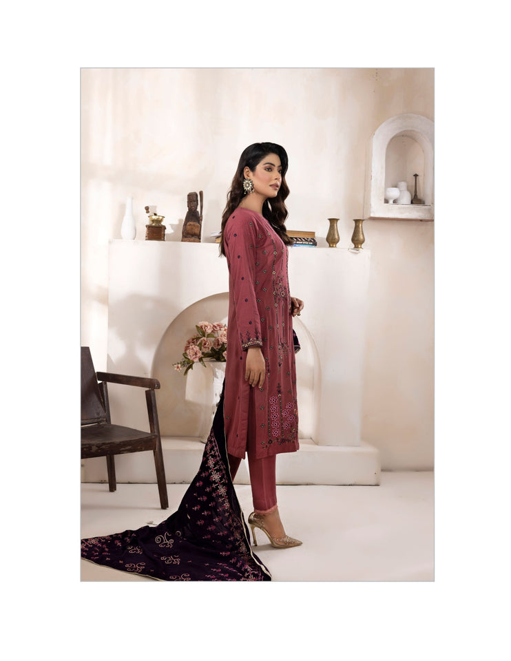 Bareeze Dyed Slub Embroidered Ensemble with Velvet Shawl