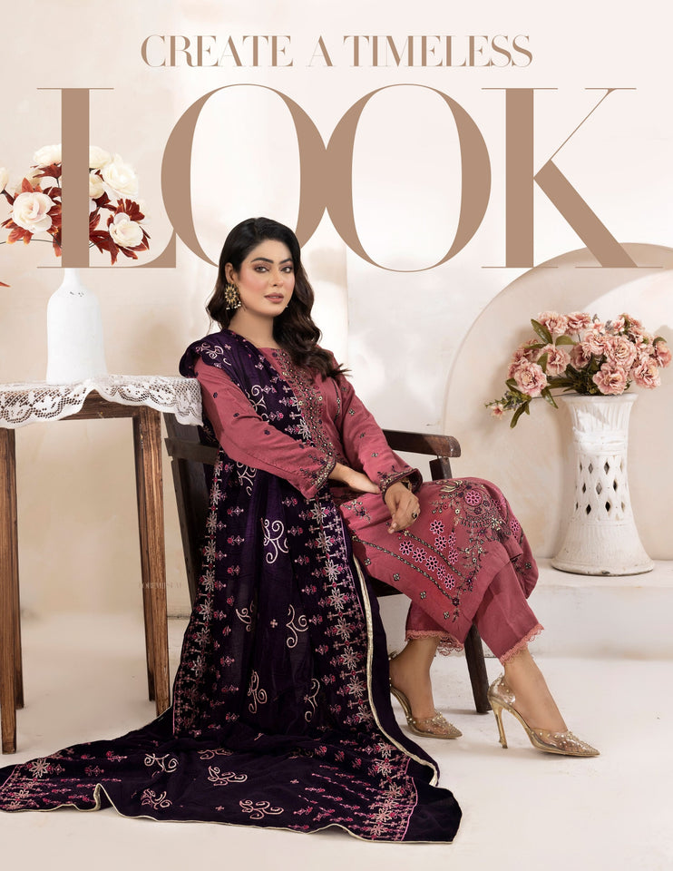 Bareeze Dyed Slub Embroidered Ensemble with Velvet Shawl