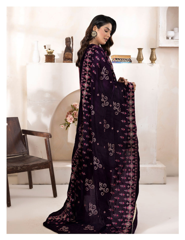 Bareeze Dyed Slub Embroidered Ensemble with Velvet Shawl