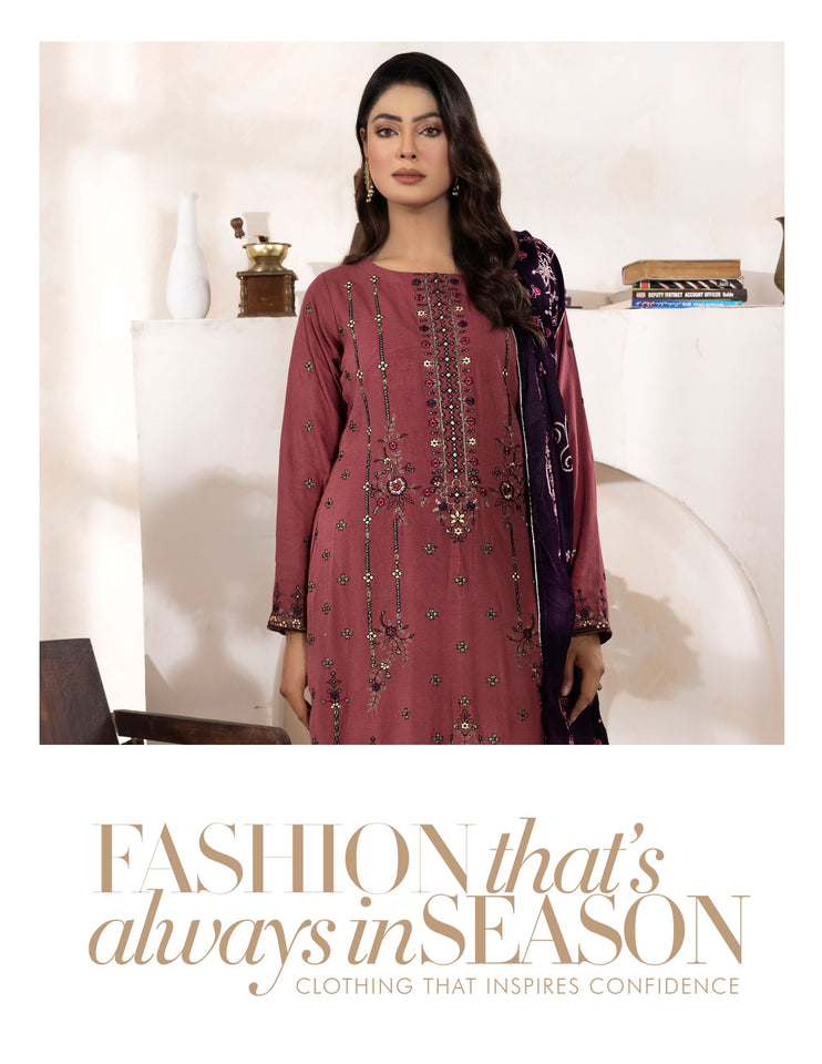 Bareeze Dyed Slub Embroidered Ensemble with Velvet Shawl