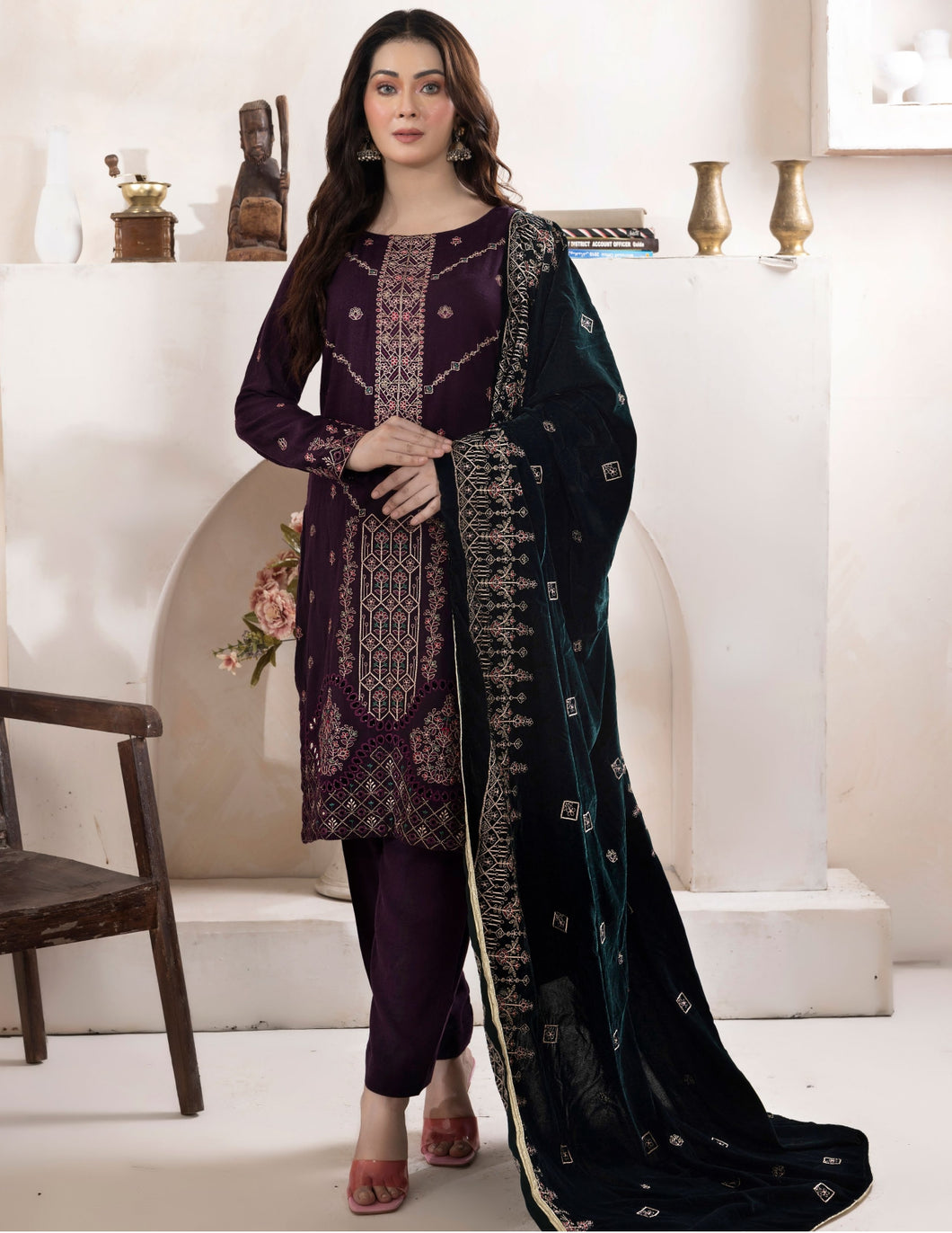 Bareeze Dyed Slub Embroidered Ensemble with Velvet Shawl