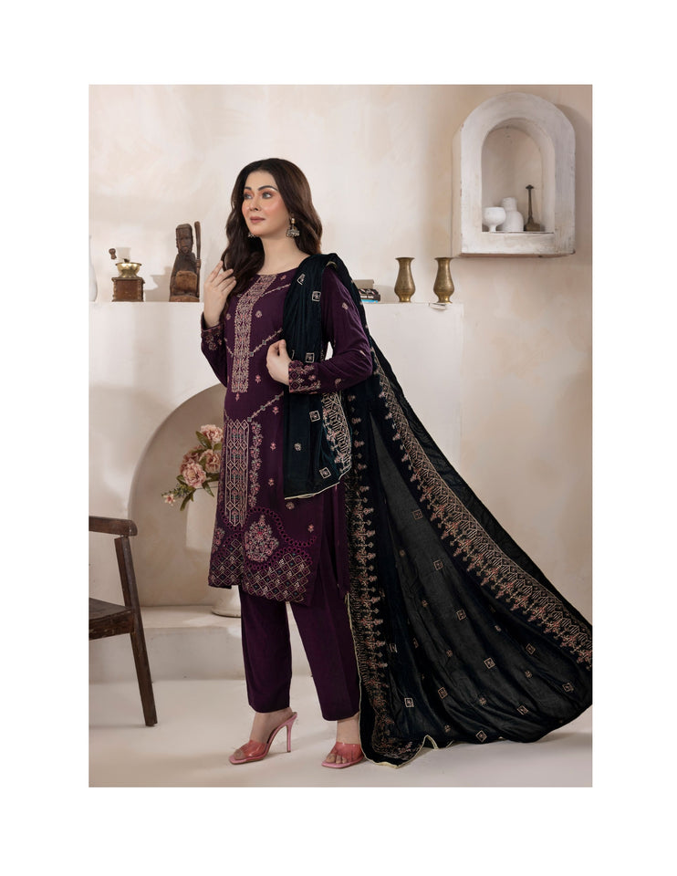Bareeze Dyed Slub Embroidered Ensemble with Velvet Shawl
