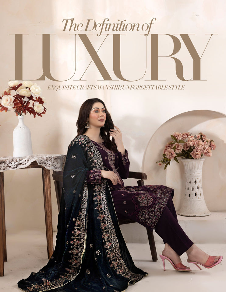 Bareeze Dyed Slub Embroidered Ensemble with Velvet Shawl