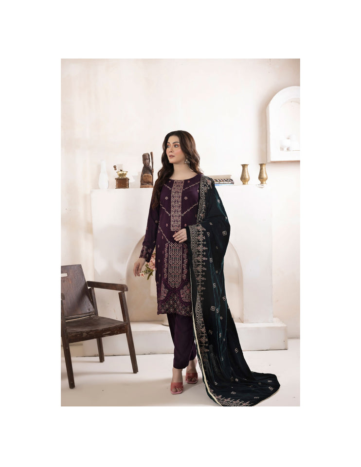 Bareeze Dyed Slub Embroidered Ensemble with Velvet Shawl