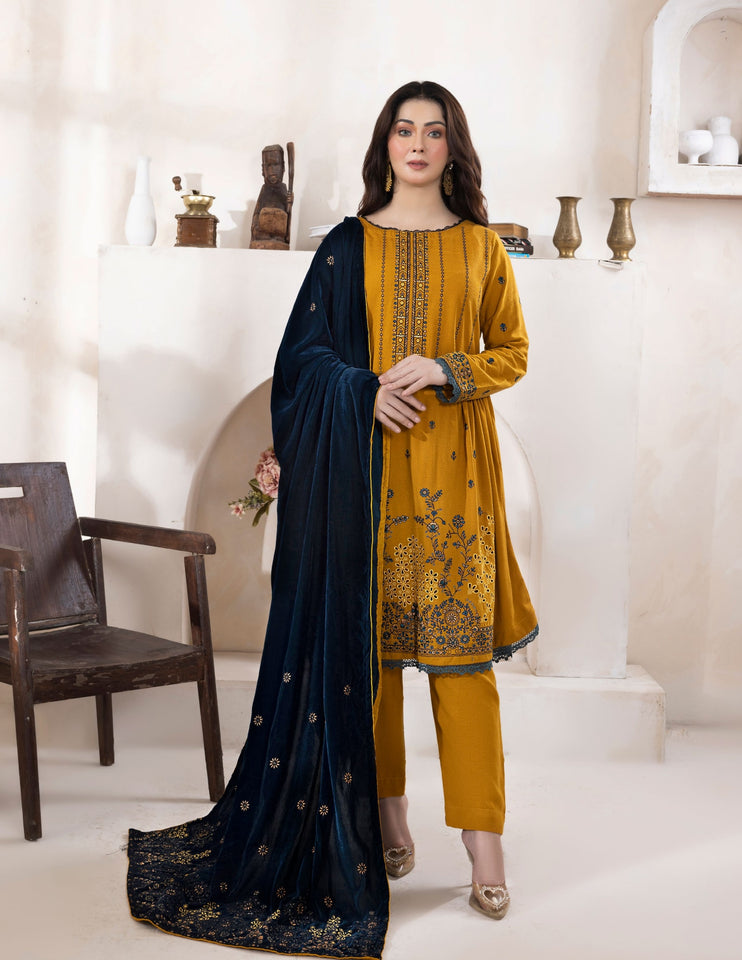 Bareeze Dyed Slub Embroidered Ensemble with Velvet Shawl