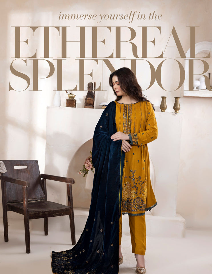 Bareeze Dyed Slub Embroidered Ensemble with Velvet Shawl