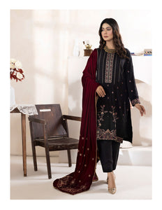 Bareeze Dyed Slub Embroidered Ensemble with Velvet Shawl