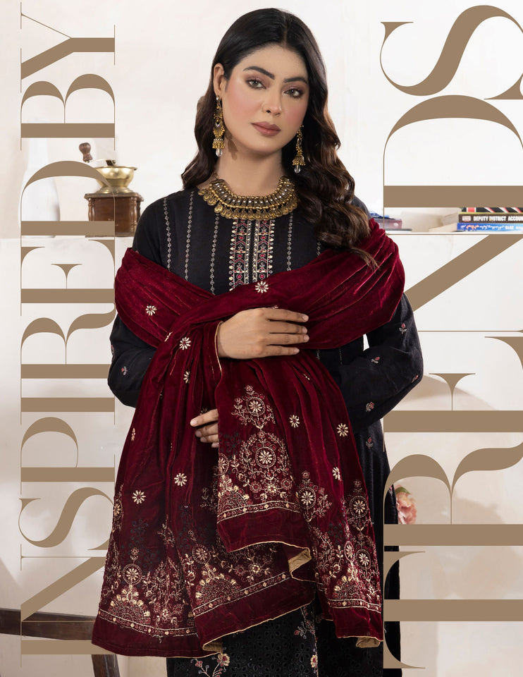 Bareeze Dyed Slub Embroidered Ensemble with Velvet Shawl