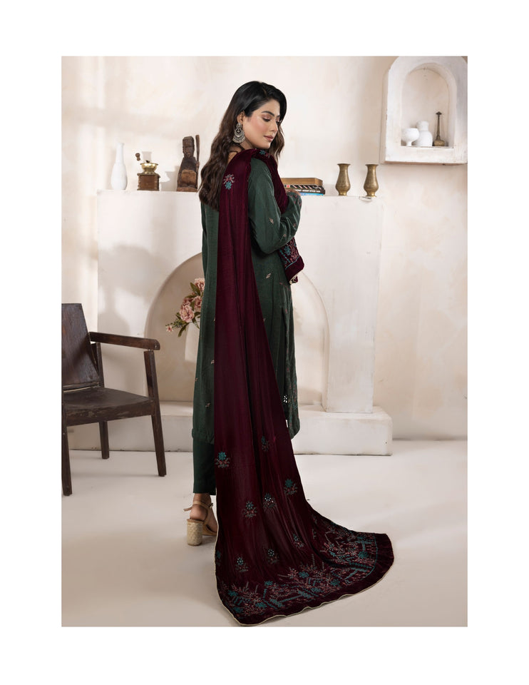 Bareeze Dyed Slub Embroidered Ensemble with Velvet Shawl