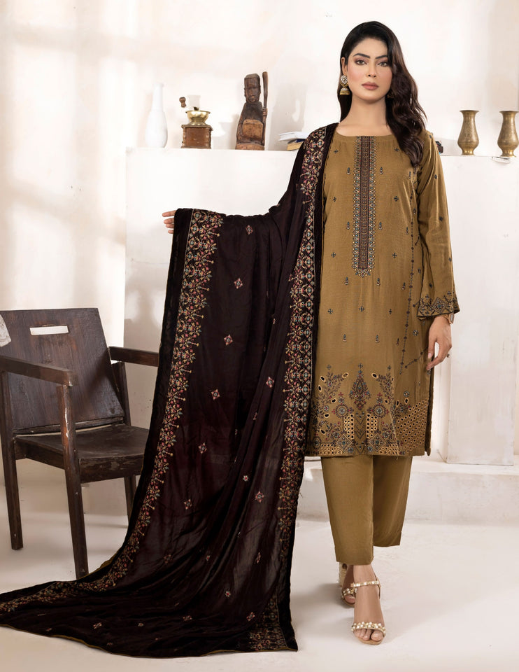 Bareeze Dyed Slub Embroidered Ensemble with Velvet Shawl