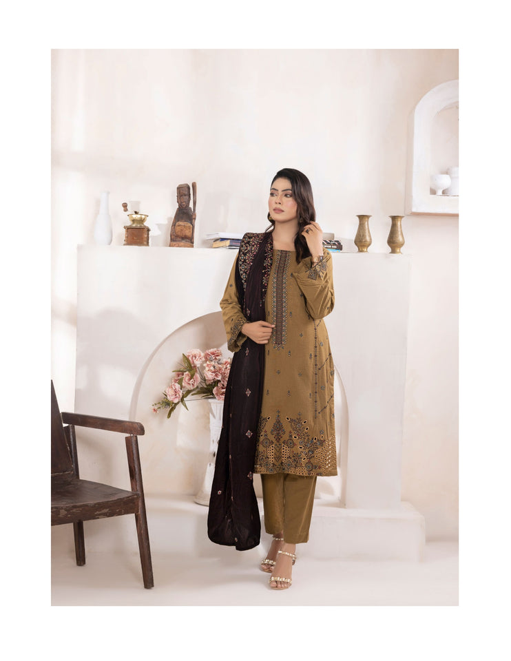 Bareeze Dyed Slub Embroidered Ensemble with Velvet Shawl