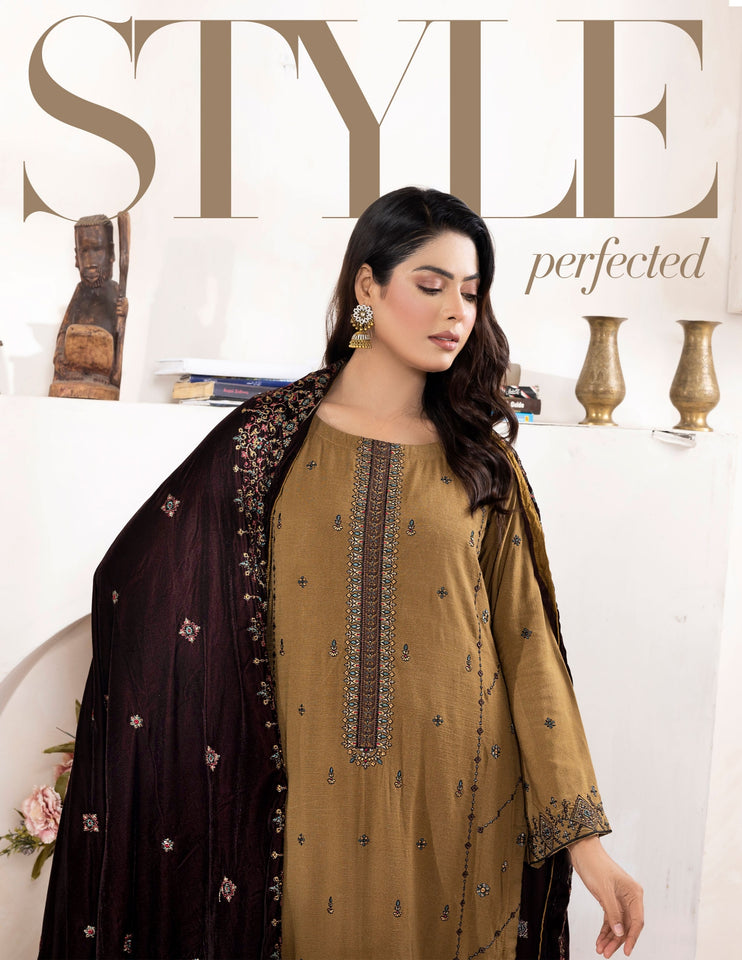 Bareeze Dyed Slub Embroidered Ensemble with Velvet Shawl