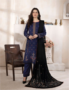 Bareeze Dyed Slub Embroidered Ensemble with Velvet Shawl