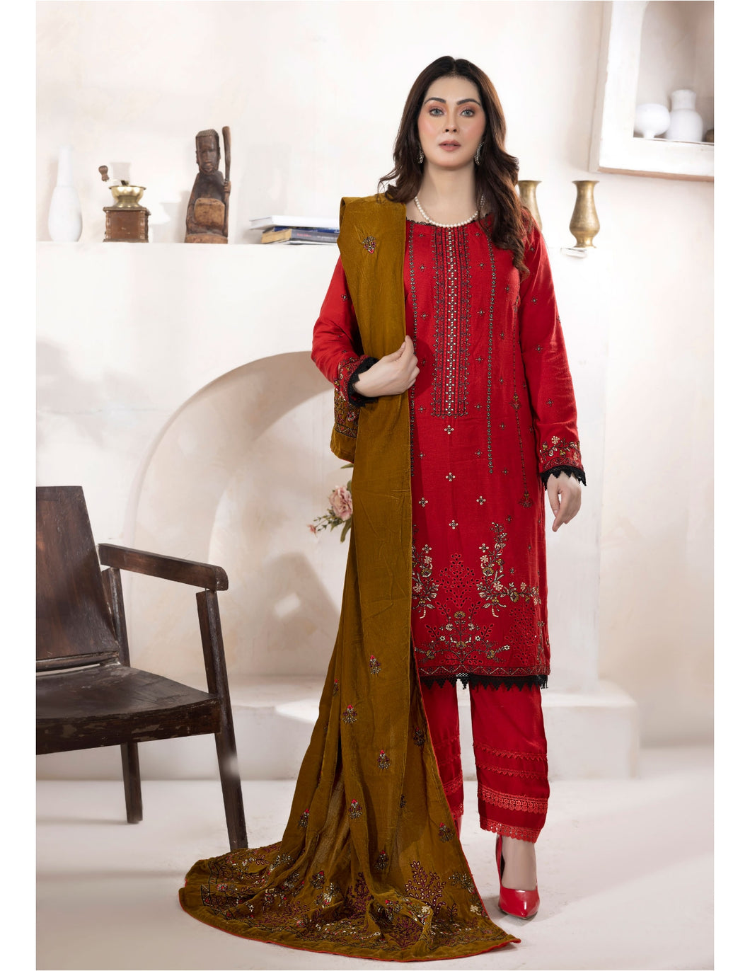 Bareeze Dyed Slub Embroidered Ensemble with Velvet Shawl