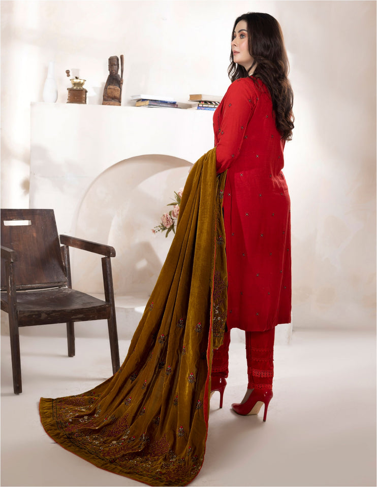 Bareeze Dyed Slub Embroidered Ensemble with Velvet Shawl