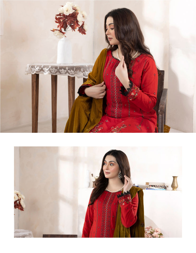 Bareeze Dyed Slub Embroidered Ensemble with Velvet Shawl