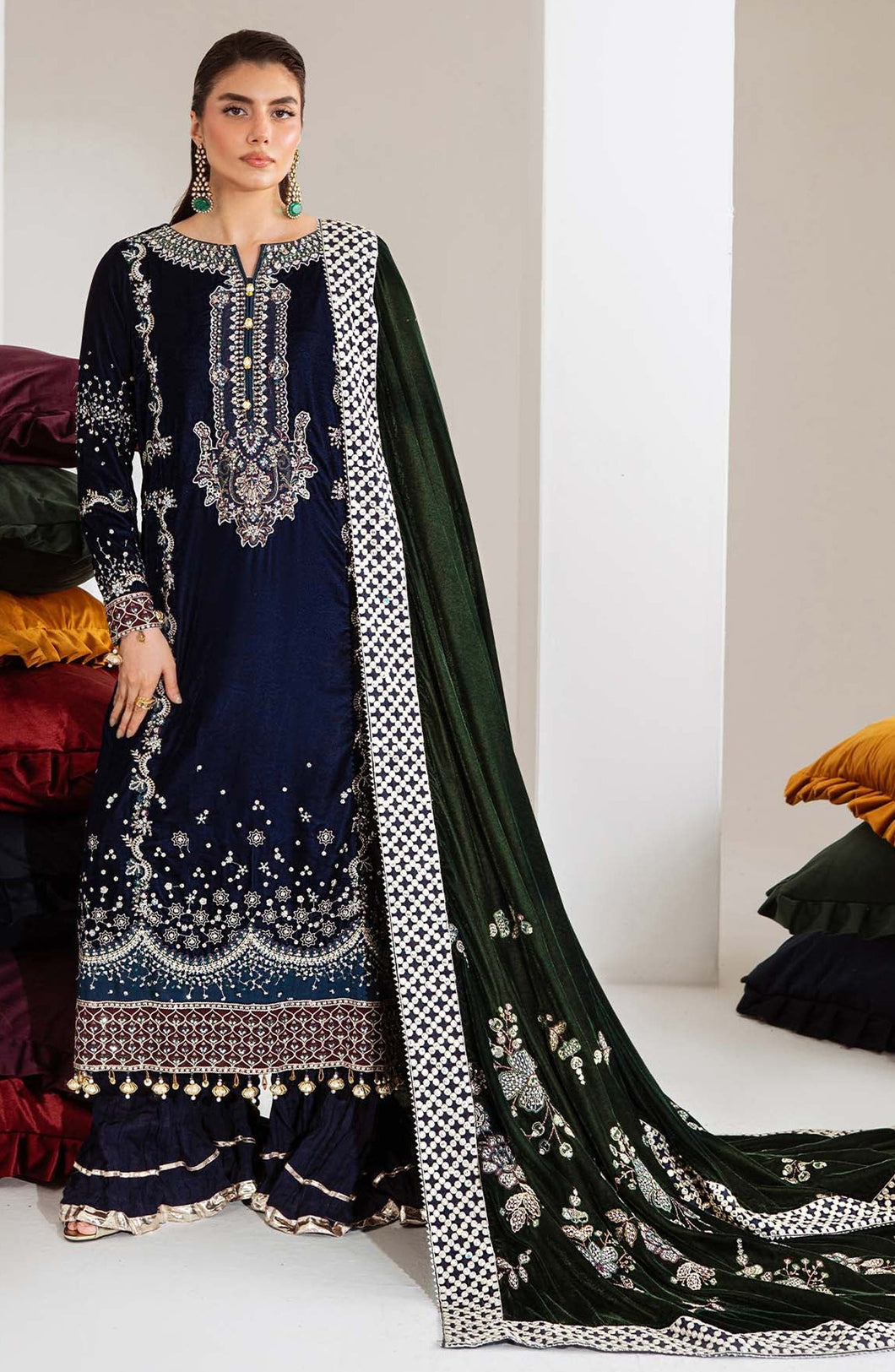 Maya by Nureh Luxury Embroidered Velvet Unstitched 3 Piece Suit - NW-109 - NU25VLT - Blue - Winter Collection