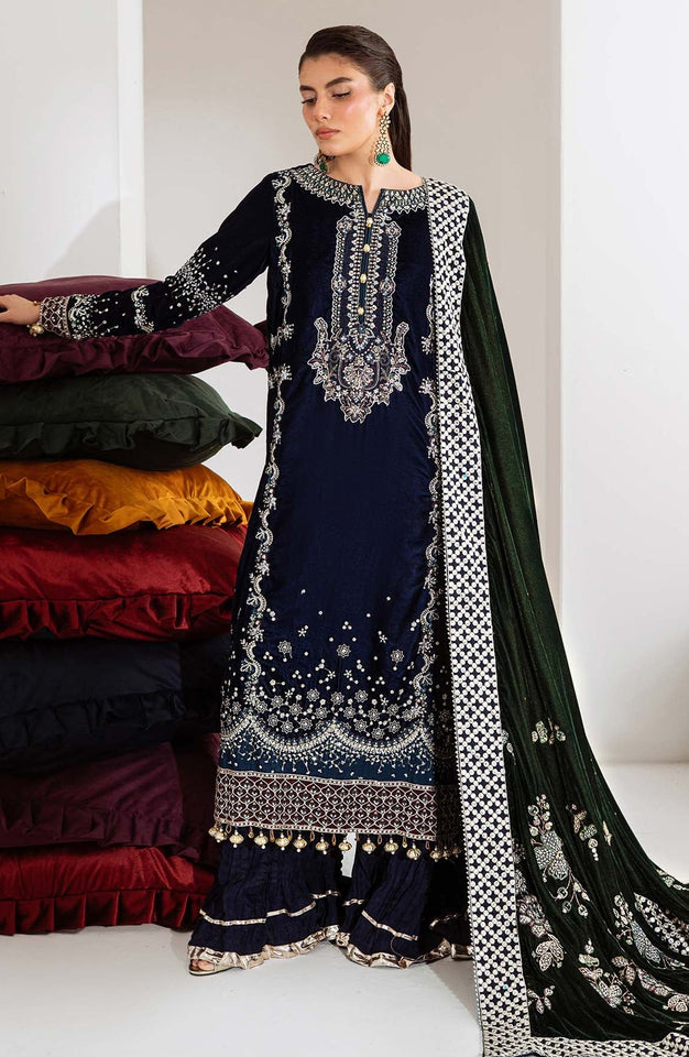 Maya by Nureh Luxury Embroidered Velvet Unstitched 3 Piece Suit - NW-109 - NU25VLT - Blue - Winter Collection