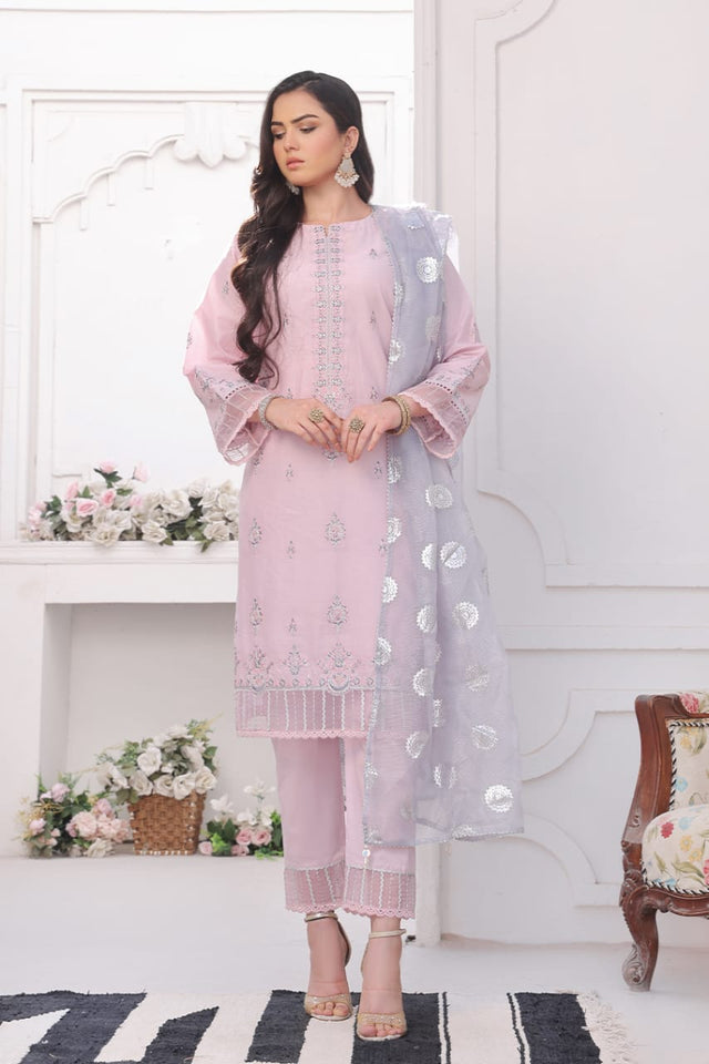 Embroidered Cambric 3 Pc suit-organza dupatta