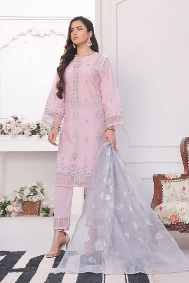 Embroidered Cambric 3 Pc suit-organza dupatta