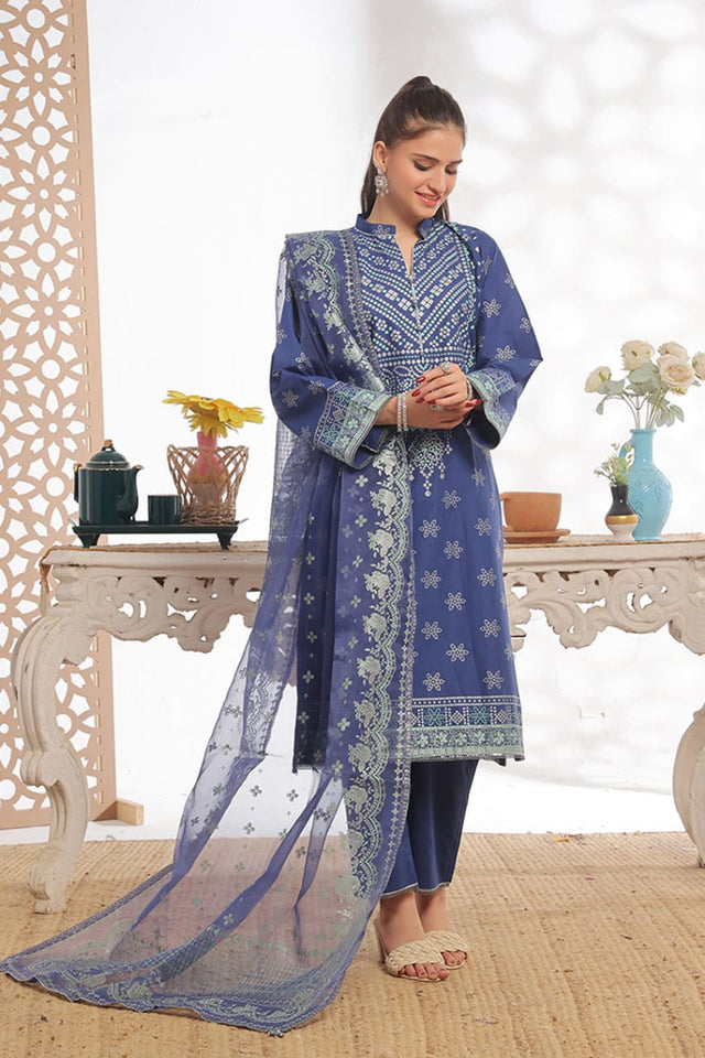 Unstitched 3-Piece Cambric Suit with Organza Dupatta