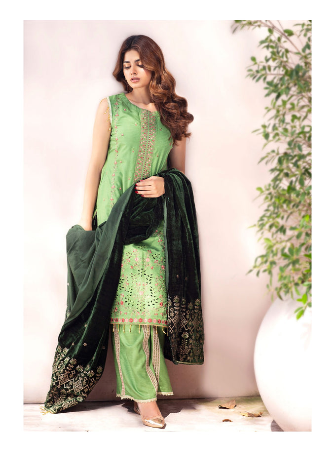 Bareeze Dyed Dora Dhanak Embroidered 3 PC with Velvet Shawl