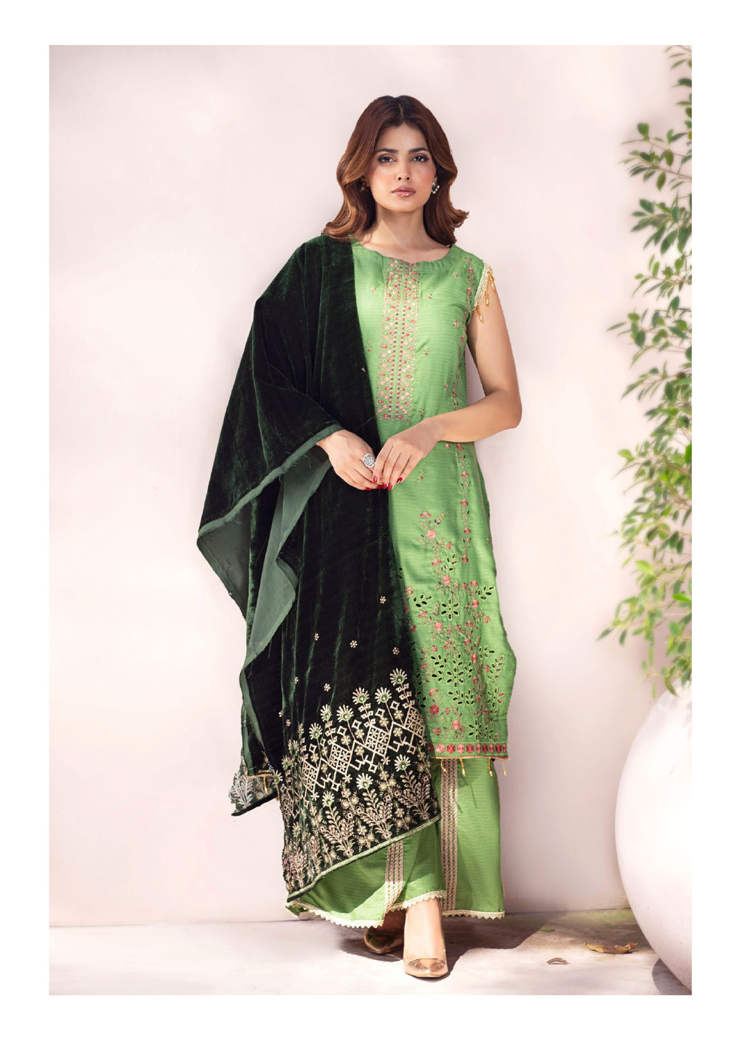 Bareeze Dyed Dora Dhanak Embroidered 3 PC with Velvet Shawl
