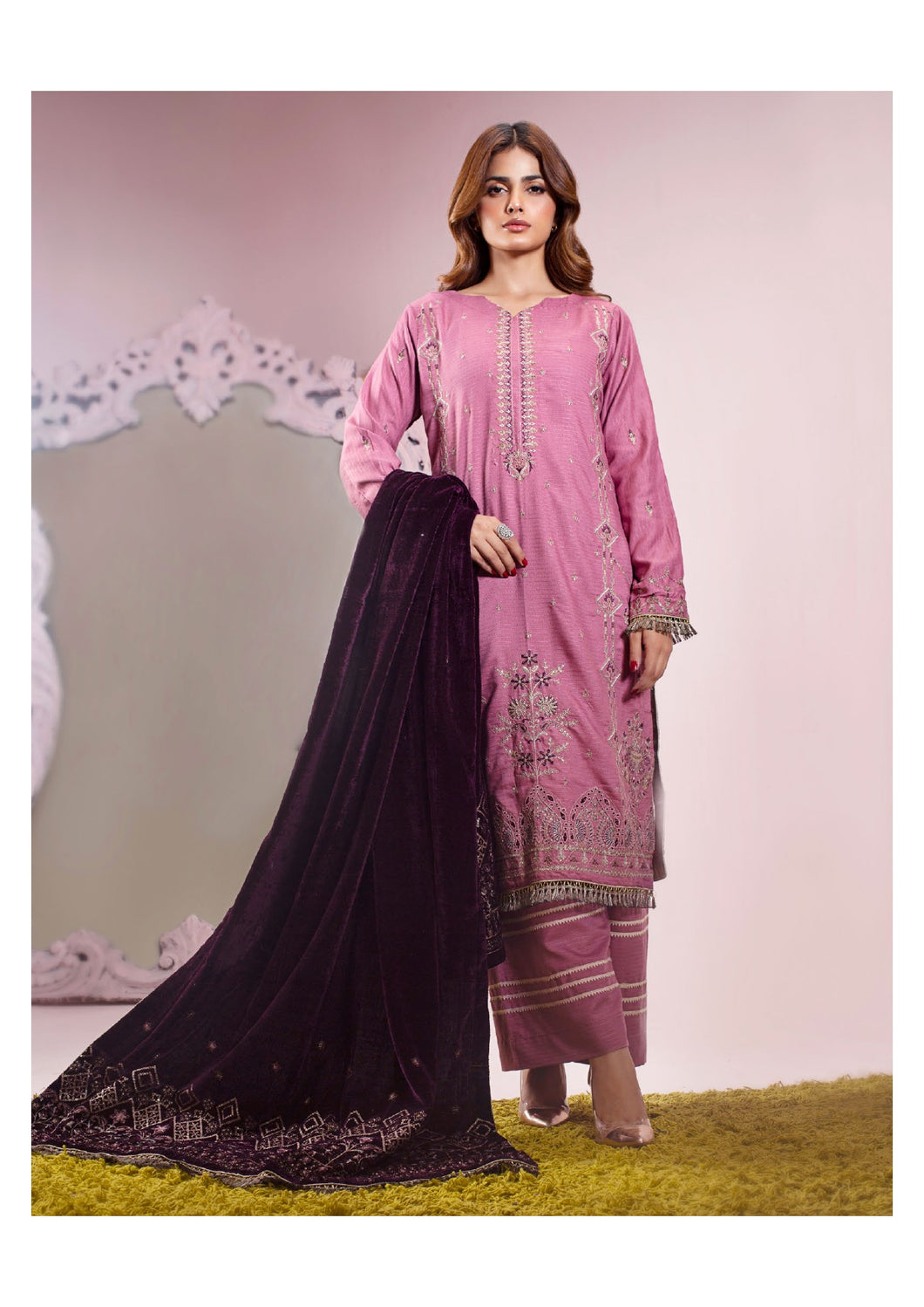Bareeze Dyed Dora Dhanak Embroidered 3 PC with Velvet Shawl