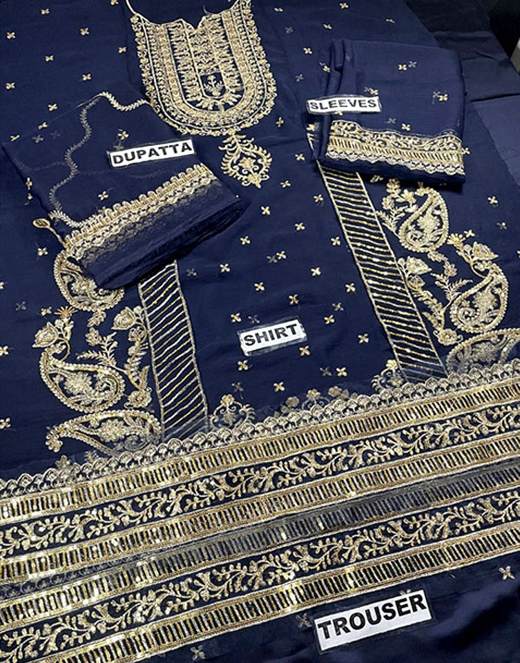 Luxury Heavy Embroidered Navy Blue Chiffon Wedding Wear Dress