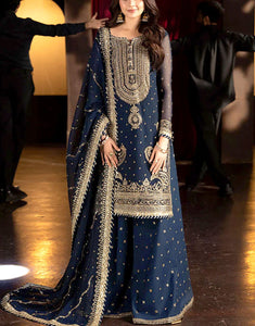 Luxury Heavy Embroidered Navy Blue Chiffon Wedding Wear Dress