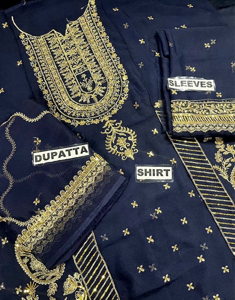 Luxury Heavy Embroidered Navy Blue Chiffon Wedding Wear Dress